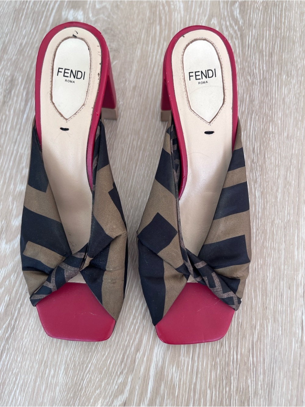 Fendi Brown and Black Striped Logo 3” Red Block Heel Pumps.